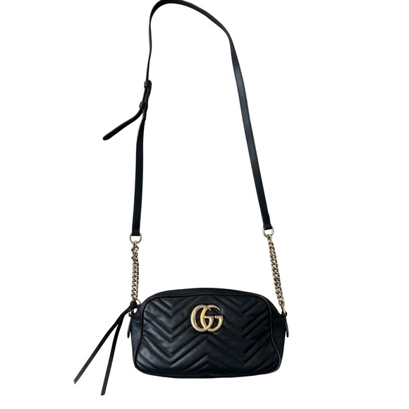 Gucci Marmont Matelasse Camera Bag Black Leather Gold GG Logo Crossbody - Picture 13 of 14
